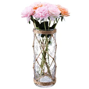 Diamond Star Rustic Glass Vase Decorative Cylinder Vase with Creative Rope Net(Large)
