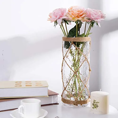 Diamond Star Rustic Glass Vase Decorative Cylinder Vase with Creative Rope Net(Large)