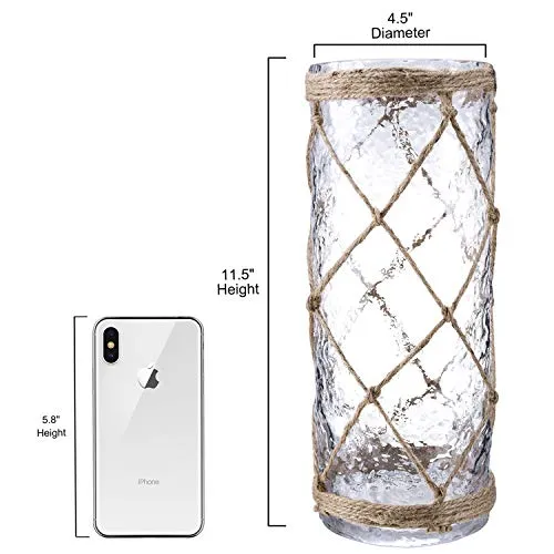 Diamond Star Rustic Glass Vase Decorative Cylinder Vase with Creative Rope Net(Large)