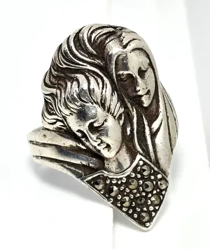 Double Nymph two woman vintage Madonna figural marcasite sterling silver ring size 8