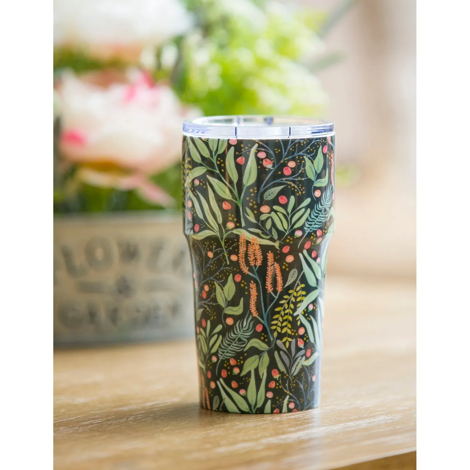 Double Wall Ceramic Companion Cup with with Tritan Lid, 13 OZ, Floral Cadence,3ltc997479