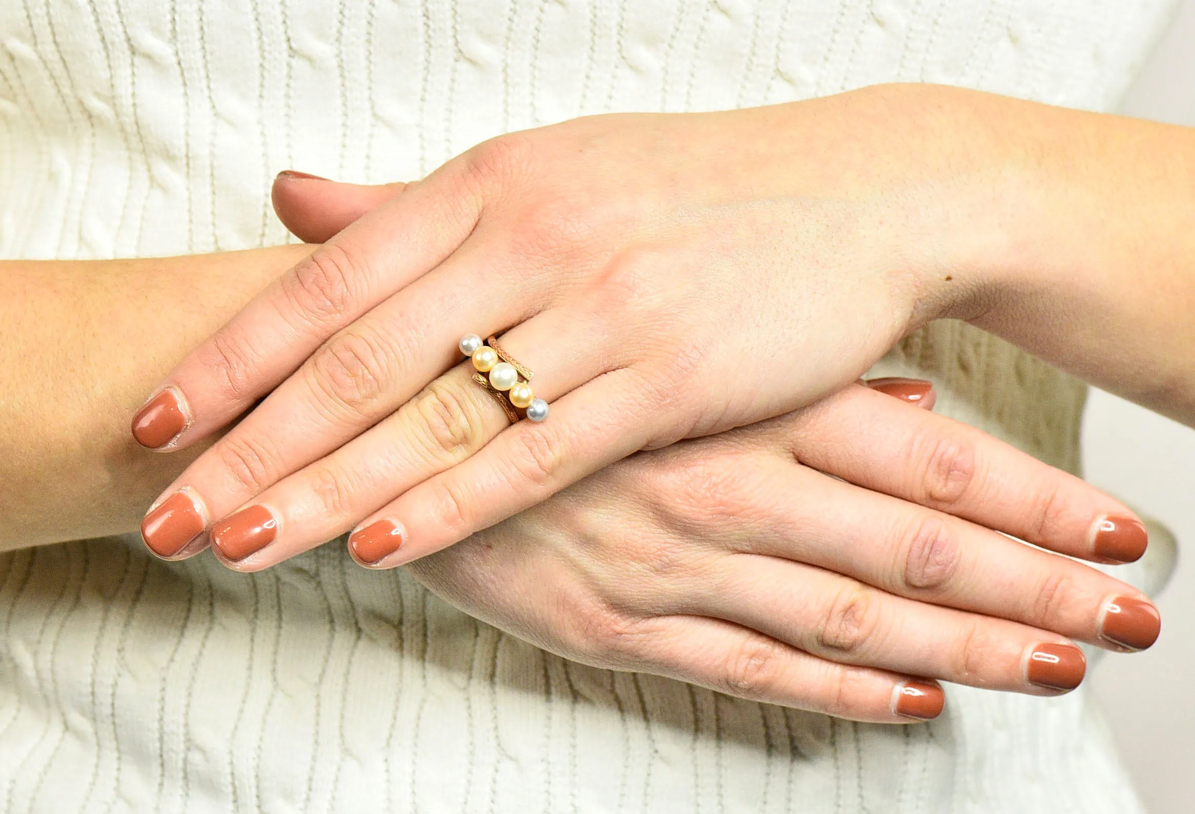 Early Art Deco Cultured Pearl 14 Karat Rose Gold Bypass Ring