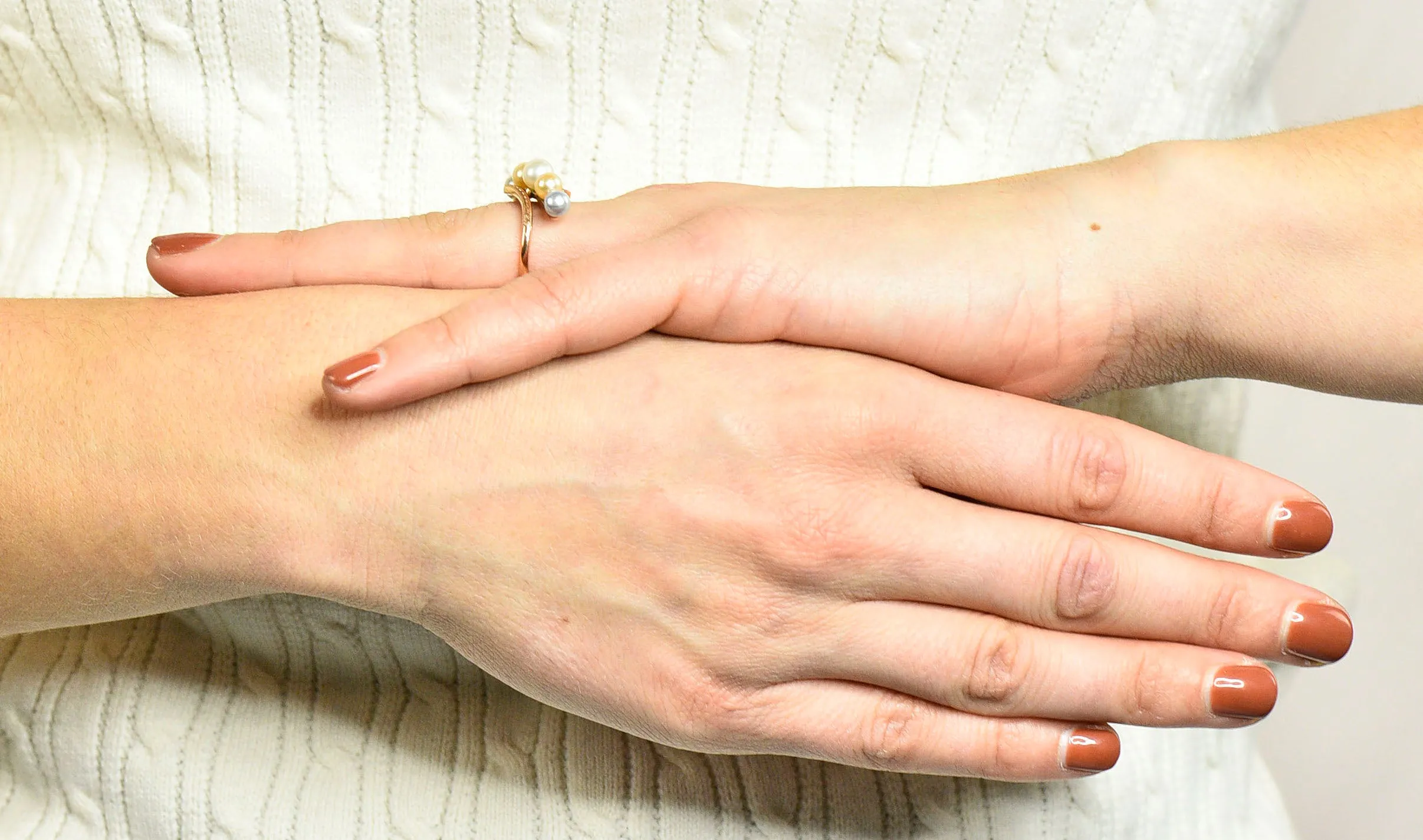 Early Art Deco Cultured Pearl 14 Karat Rose Gold Bypass Ring