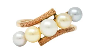 Early Art Deco Cultured Pearl 14 Karat Rose Gold Bypass Ring