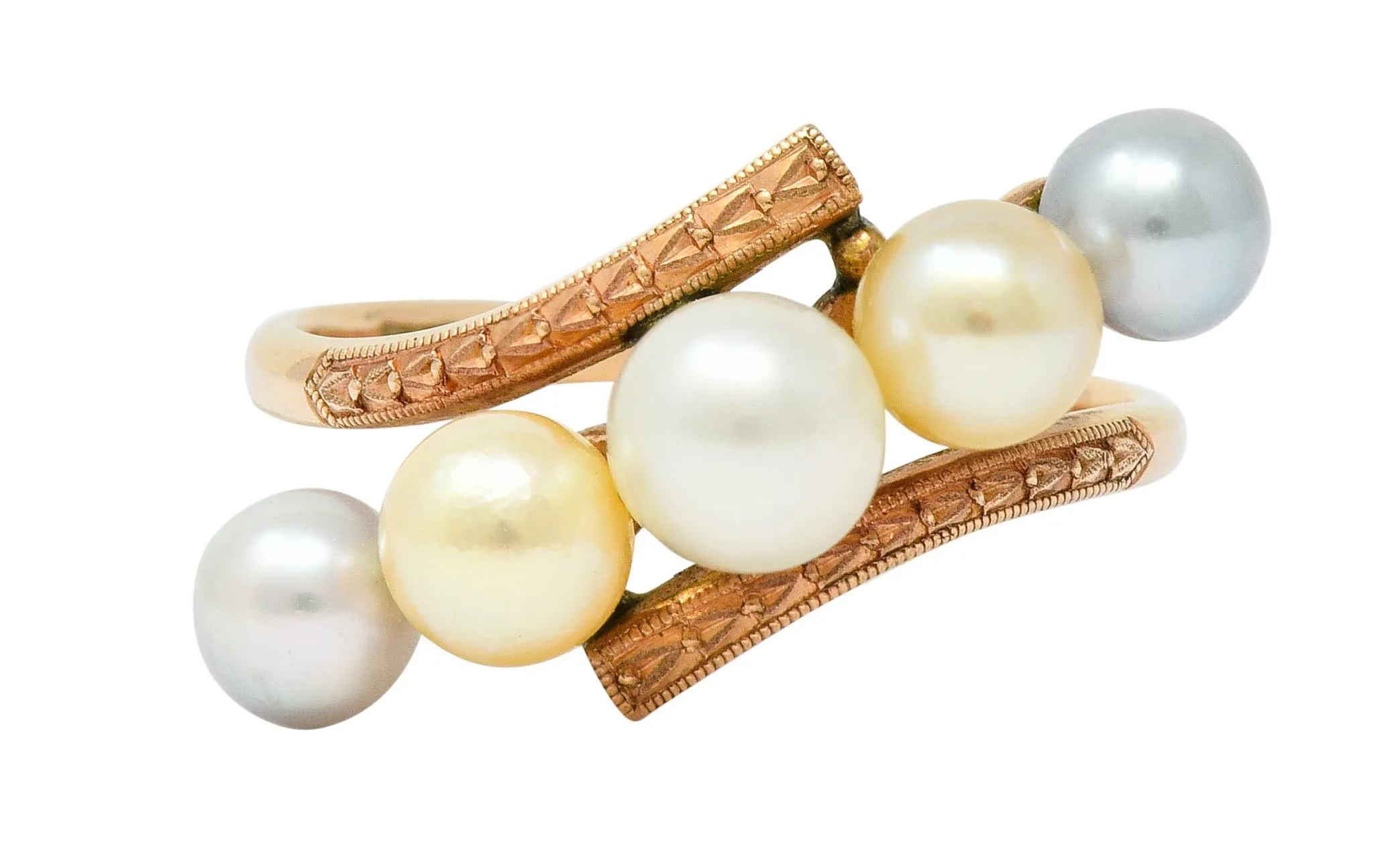 Early Art Deco Cultured Pearl 14 Karat Rose Gold Bypass Ring