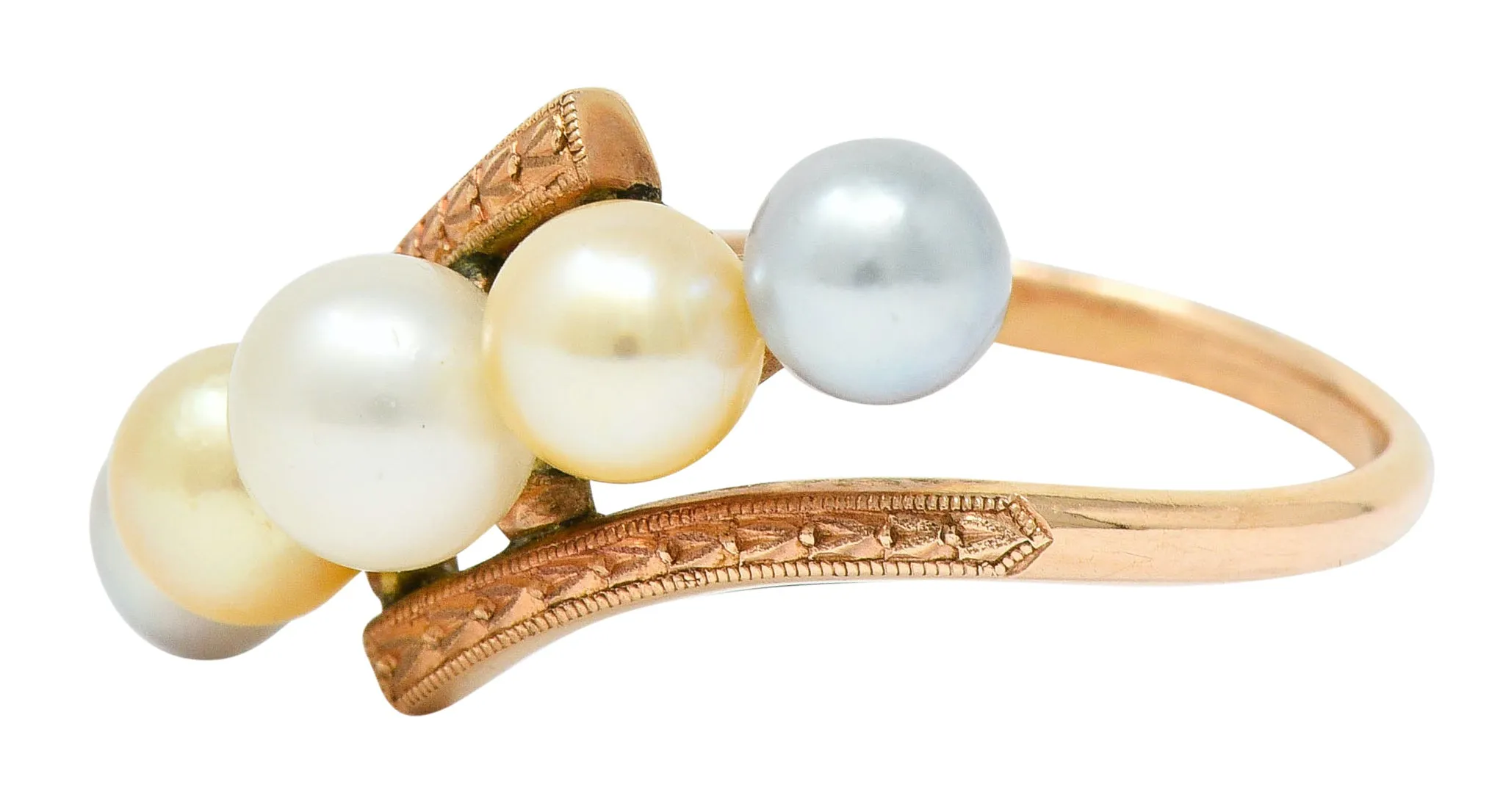 Early Art Deco Cultured Pearl 14 Karat Rose Gold Bypass Ring