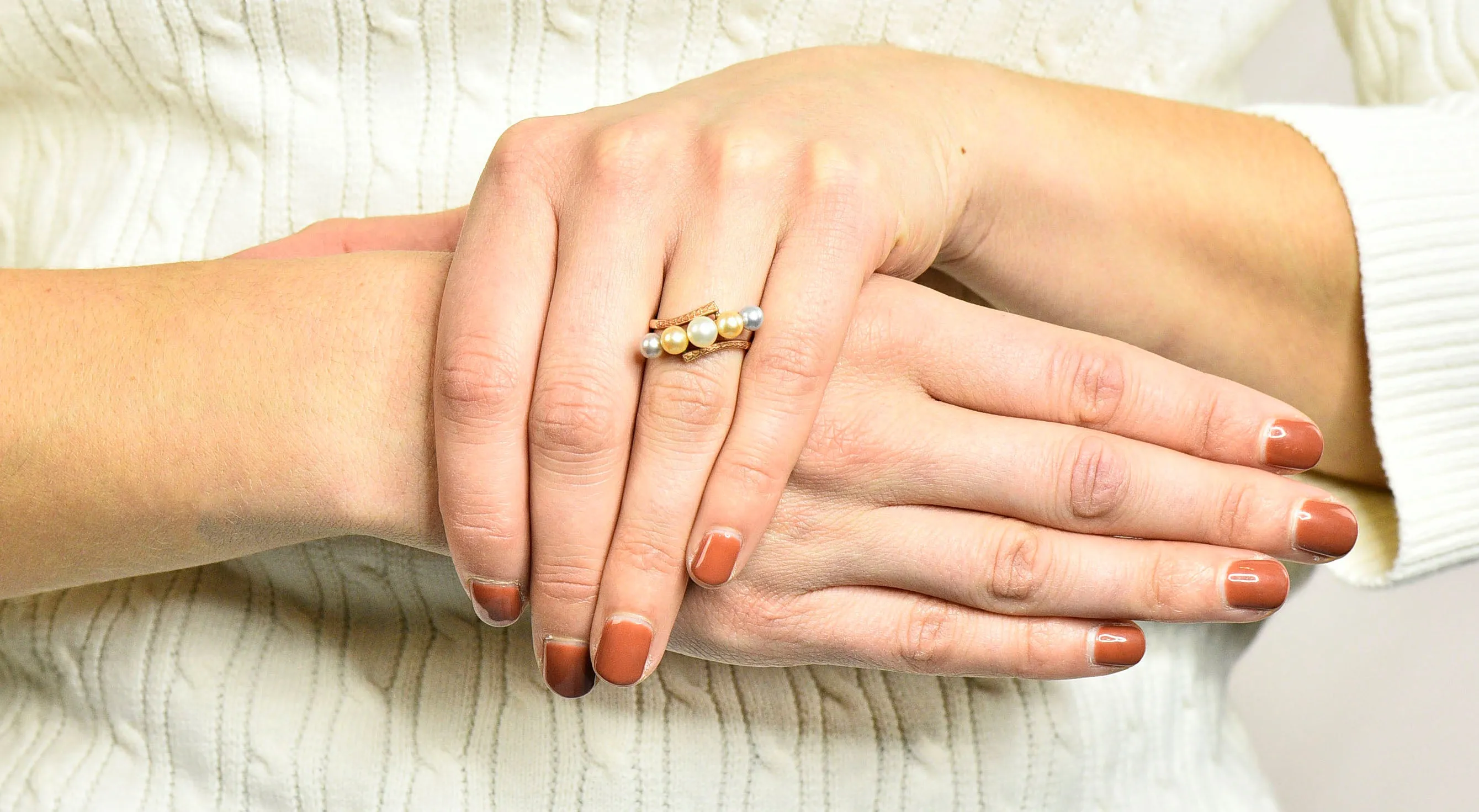 Early Art Deco Cultured Pearl 14 Karat Rose Gold Bypass Ring