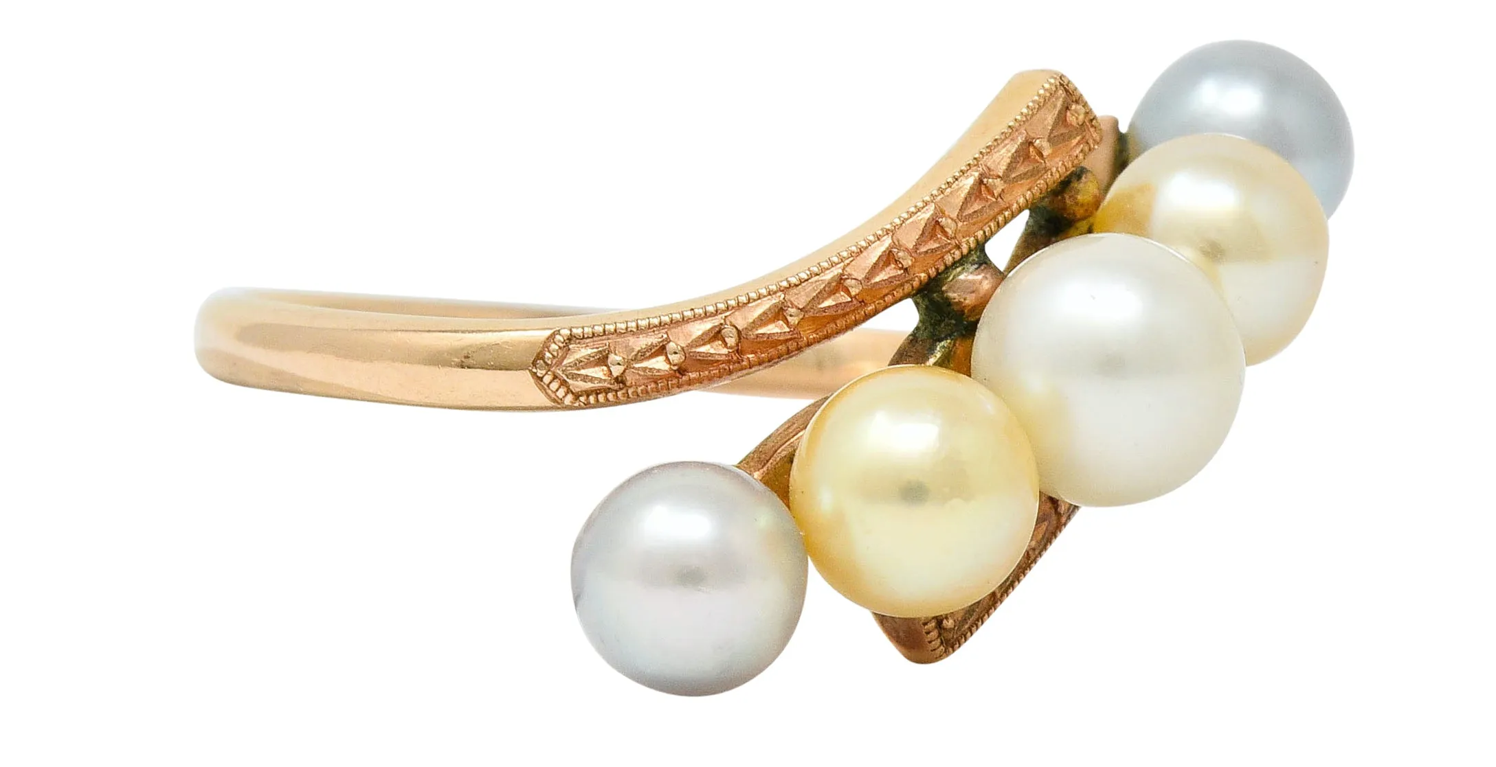Early Art Deco Cultured Pearl 14 Karat Rose Gold Bypass Ring