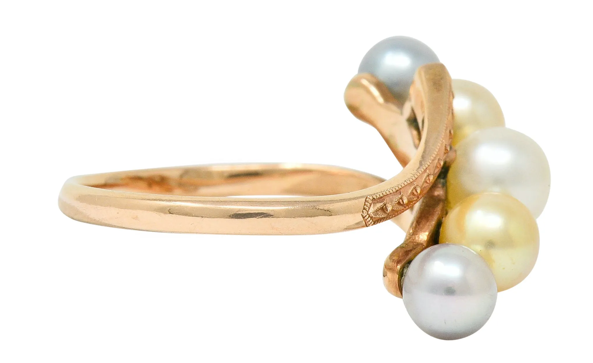 Early Art Deco Cultured Pearl 14 Karat Rose Gold Bypass Ring