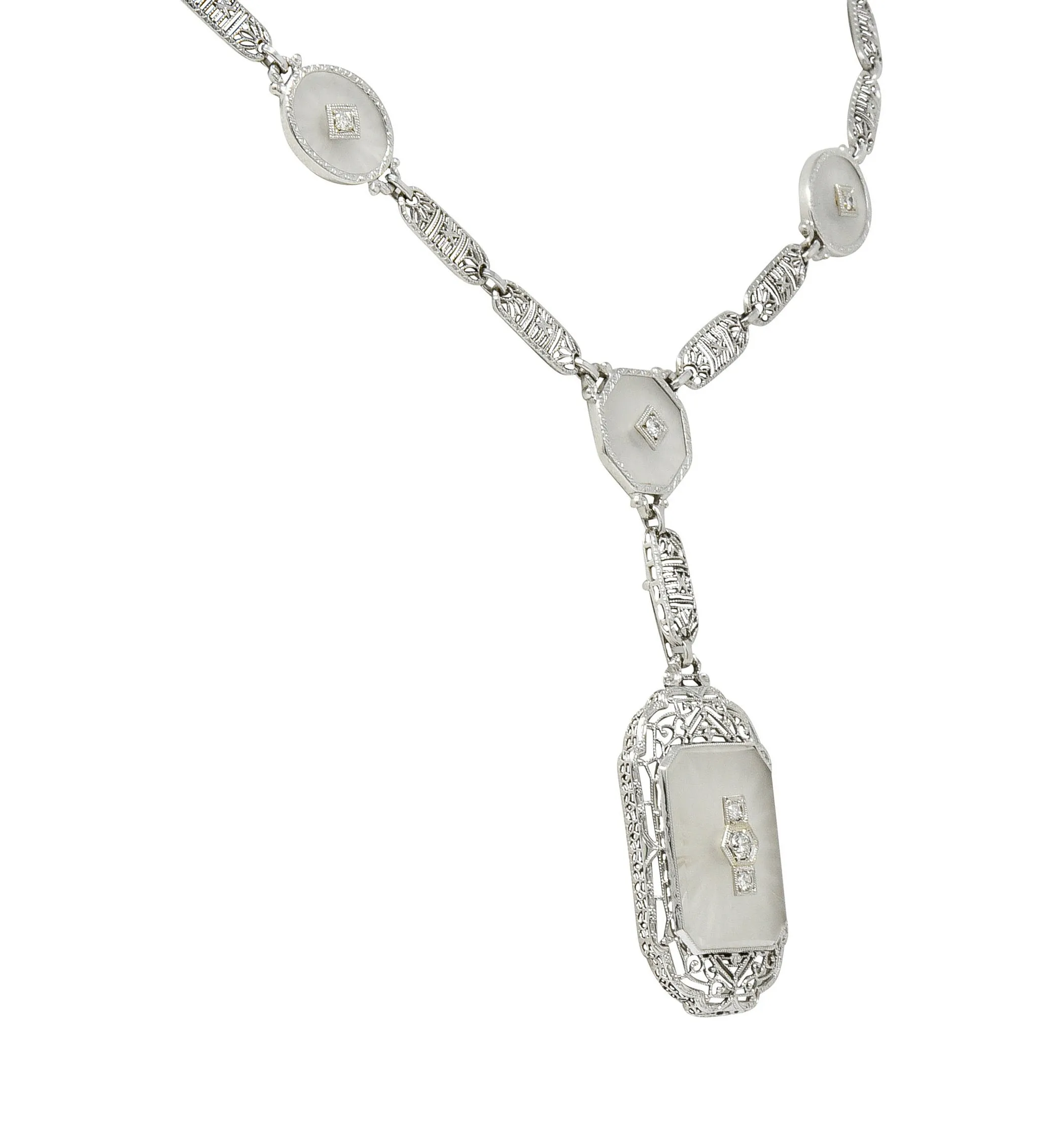 Early Art Deco Diamond Camphor Glass Platinum 14 Karat White Gold Drop Necklace