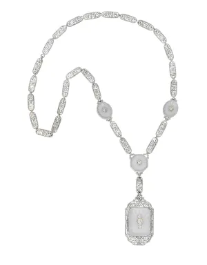 Early Art Deco Diamond Camphor Glass Platinum 14 Karat White Gold Drop Necklace