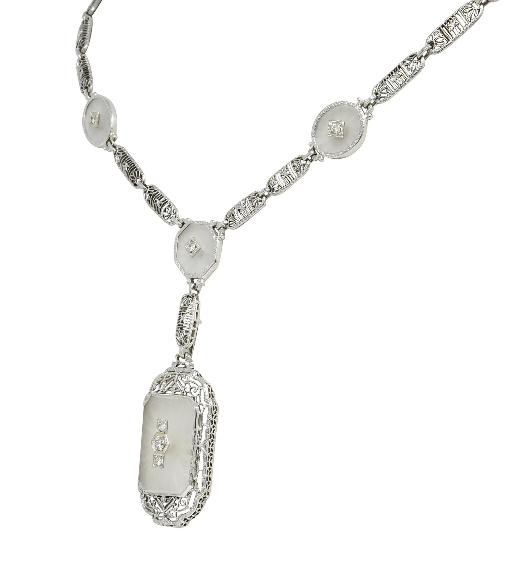 Early Art Deco Diamond Camphor Glass Platinum 14 Karat White Gold Drop Necklace