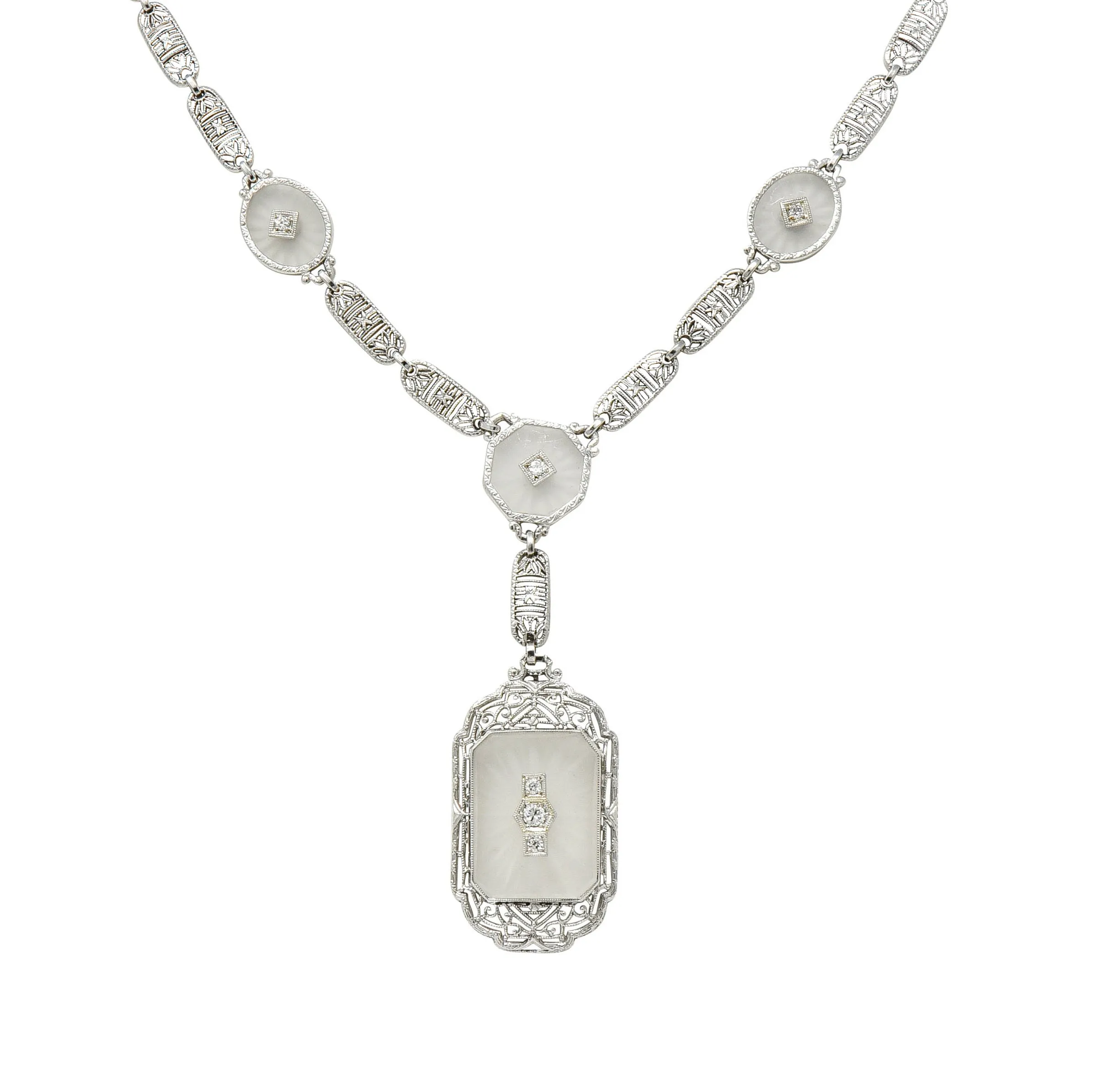 Early Art Deco Diamond Camphor Glass Platinum 14 Karat White Gold Drop Necklace