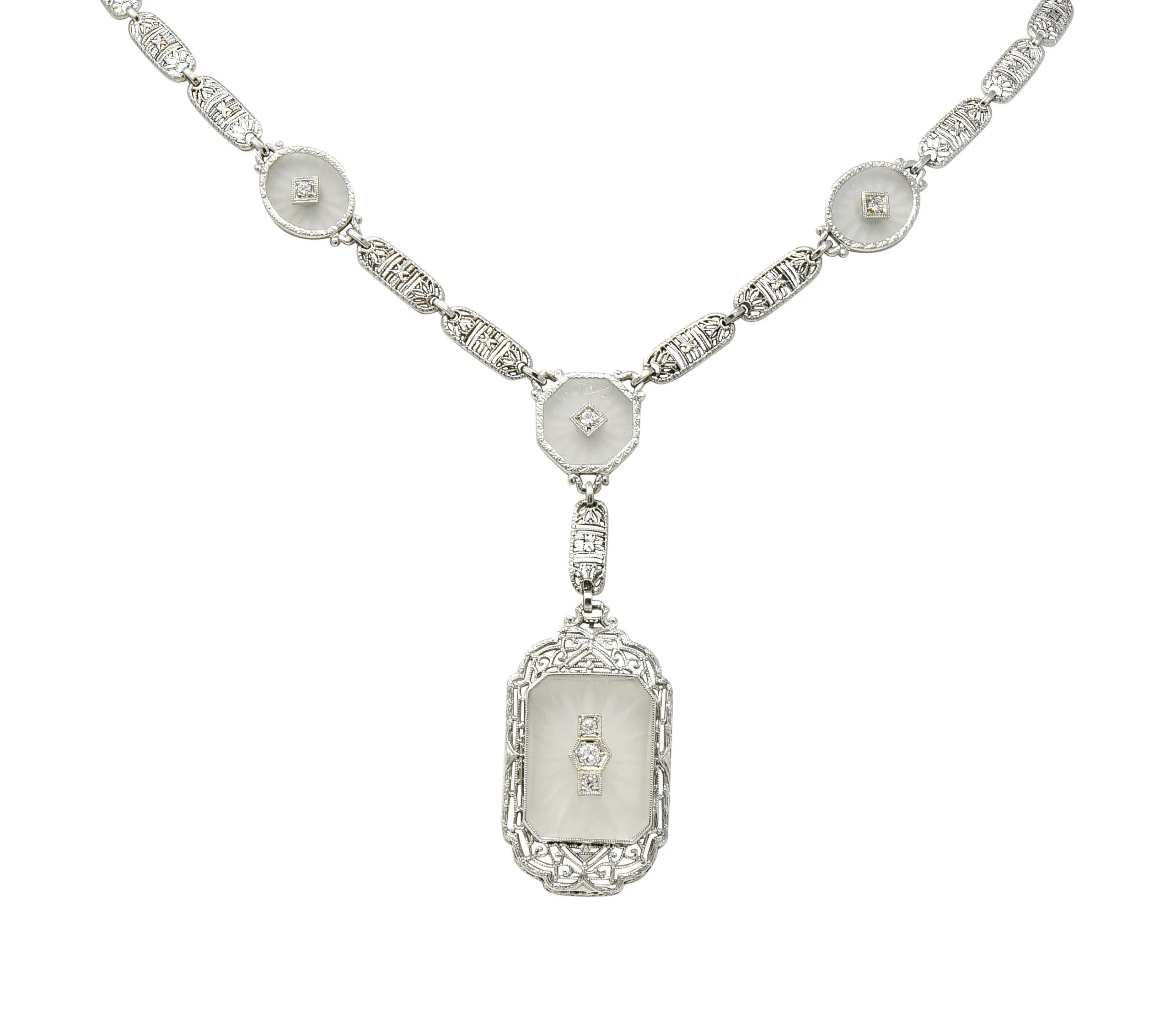Early Art Deco Diamond Camphor Glass Platinum 14 Karat White Gold Drop Necklace
