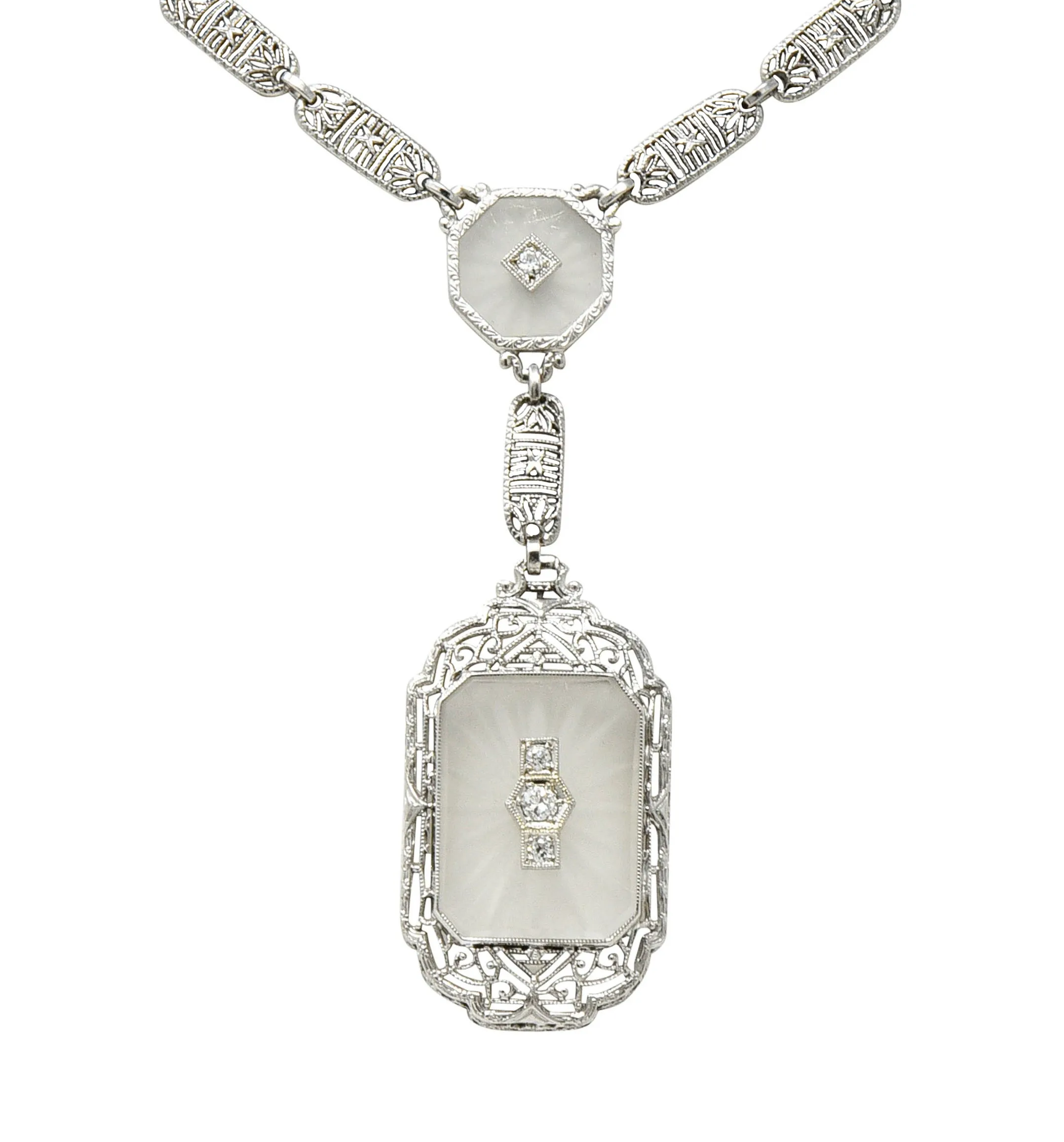 Early Art Deco Diamond Camphor Glass Platinum 14 Karat White Gold Drop Necklace