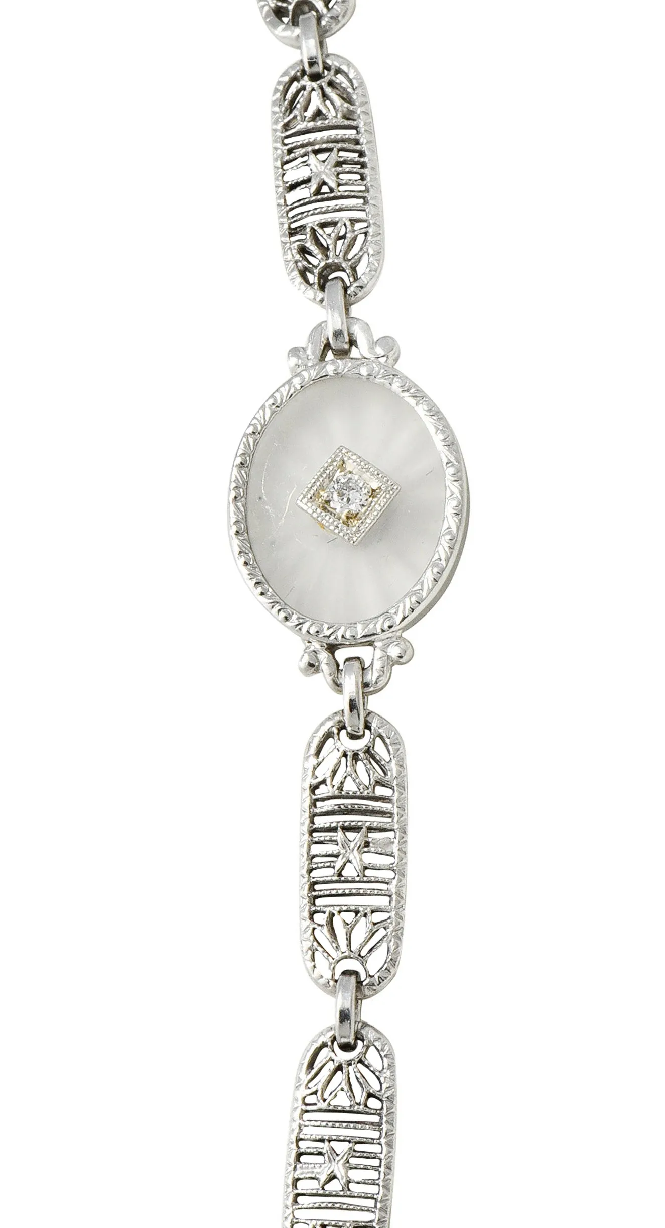 Early Art Deco Diamond Camphor Glass Platinum 14 Karat White Gold Drop Necklace
