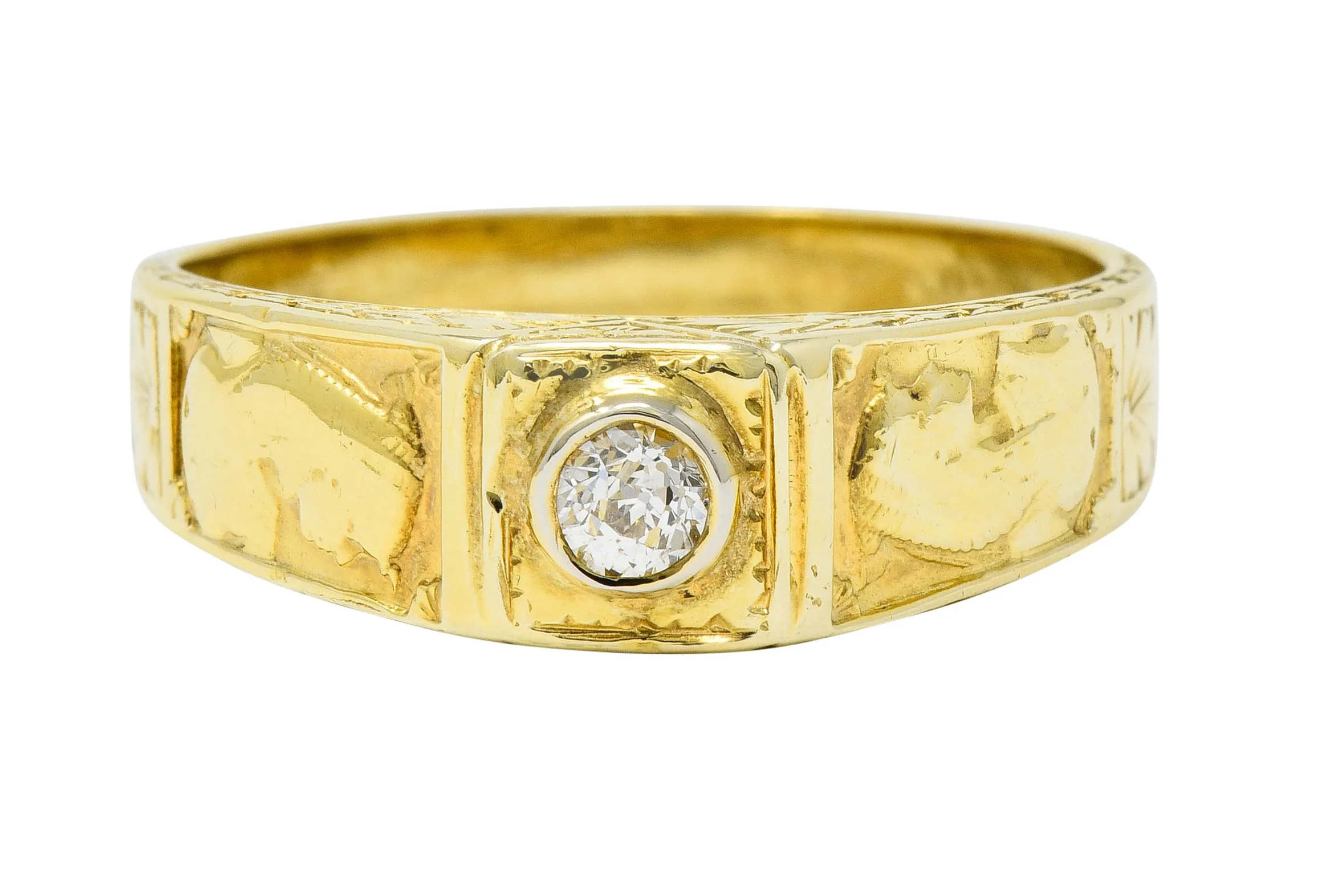 Egyptian Revival Diamond 14 Karat Gold Lotus & Pharaoh Ring