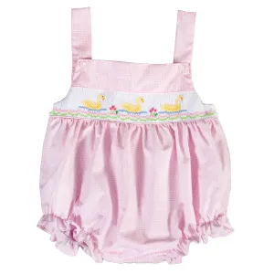 Elegant Ducks Pink Tiny Gingham Smocked Girl Bubble w/Adjustable Button Shoulder Straps