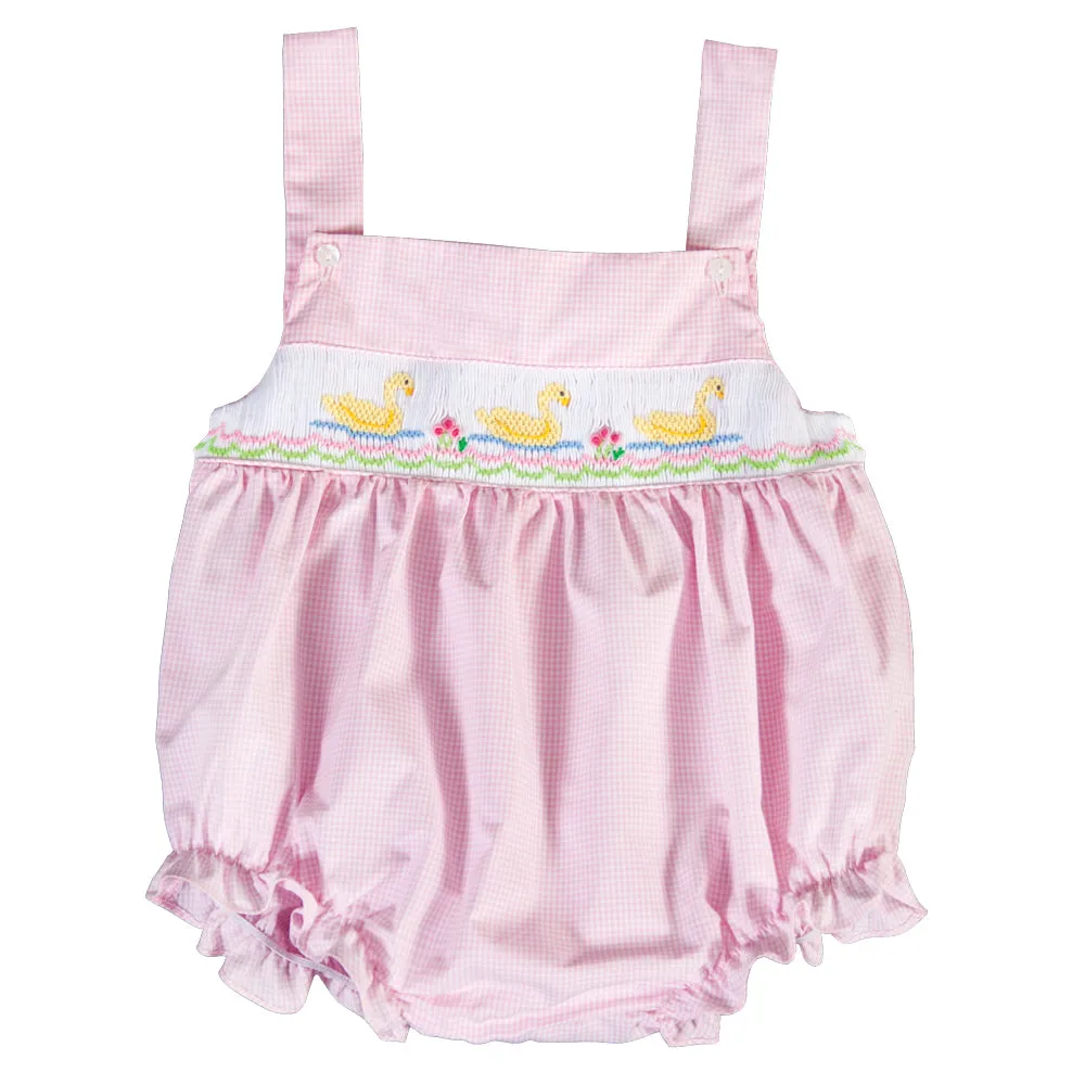 Elegant Ducks Pink Tiny Gingham Smocked Girl Bubble w/Adjustable Button Shoulder Straps
