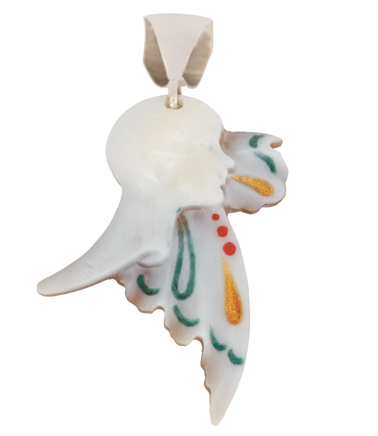 Enamel Carved Cameo Natural Shell Deco Style Pendant in Sterling Silver