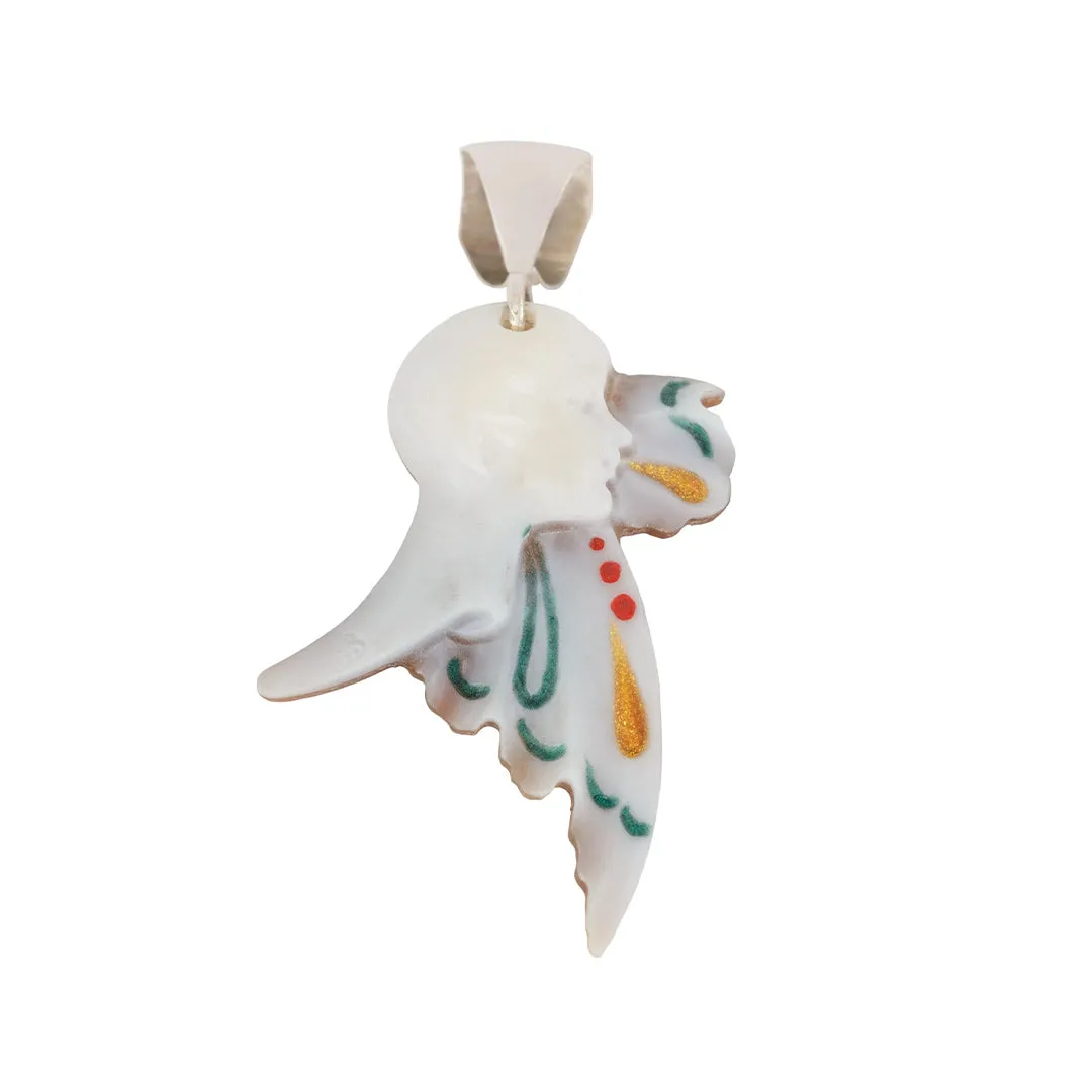 Enamel Carved Cameo Natural Shell Deco Style Pendant in Sterling Silver