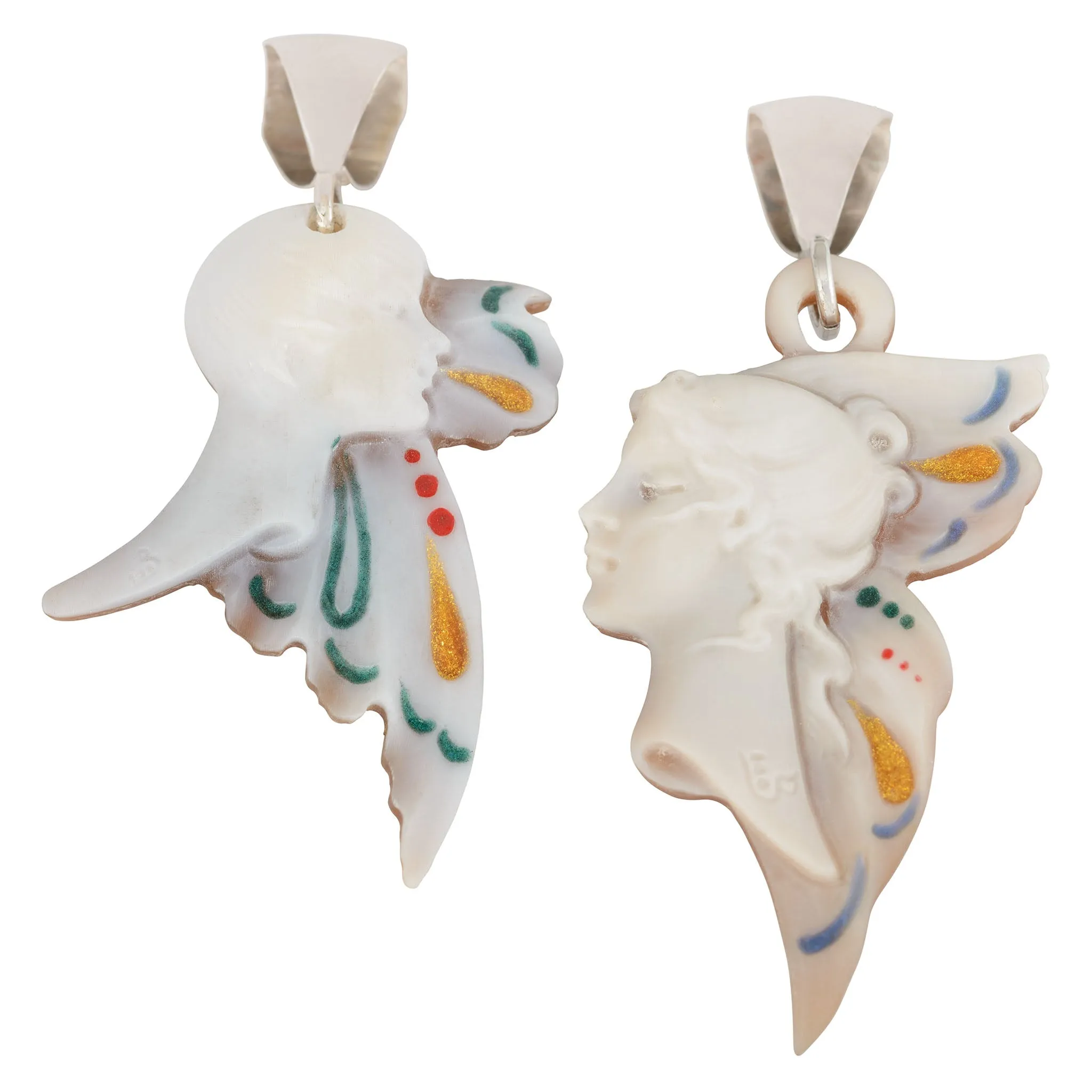 Enamel Carved Cameo Natural Shell Deco Style Pendant in Sterling Silver