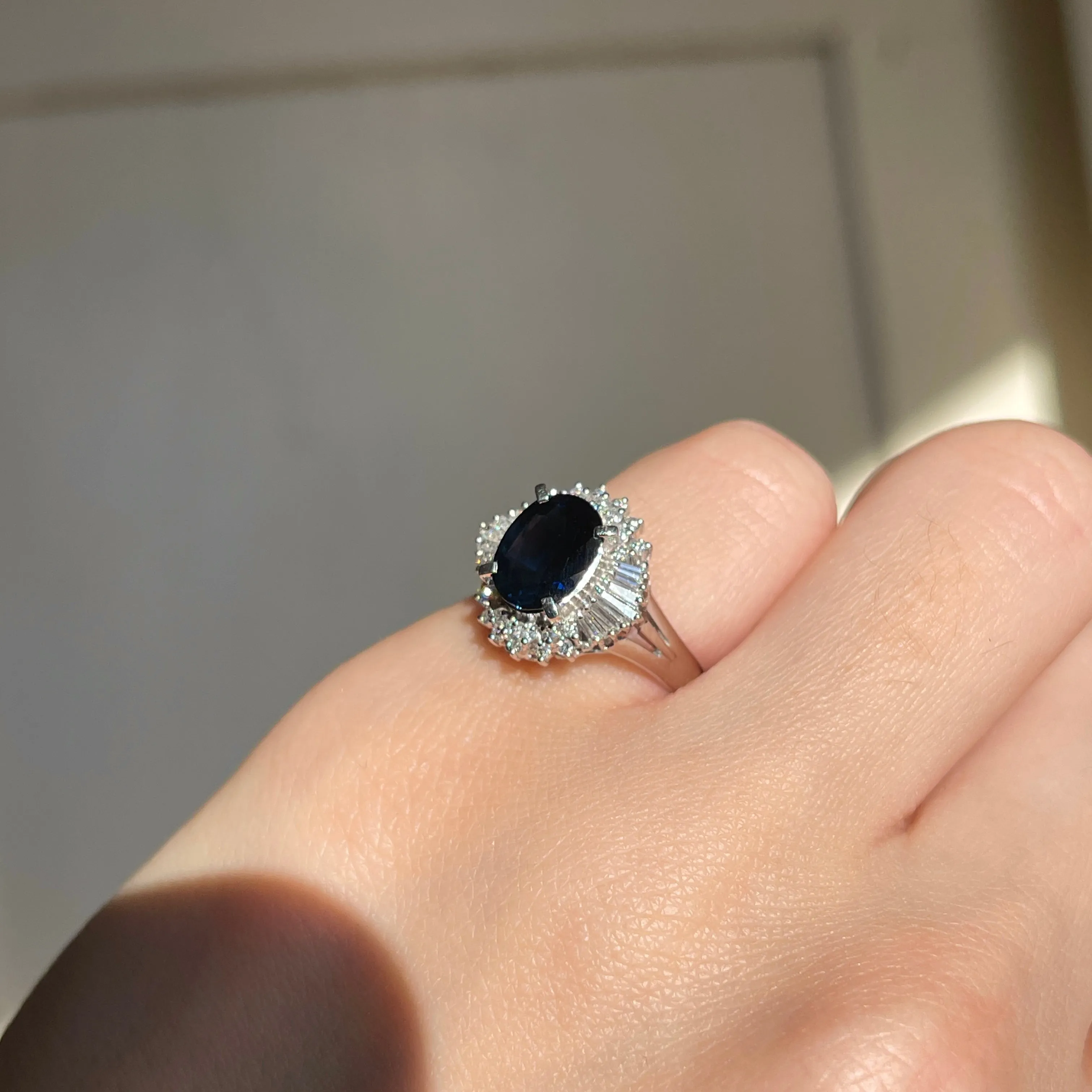 Estate Platinum Oval 2.15 CT Blue Sapphire   Baguette Diamond Halo Ring