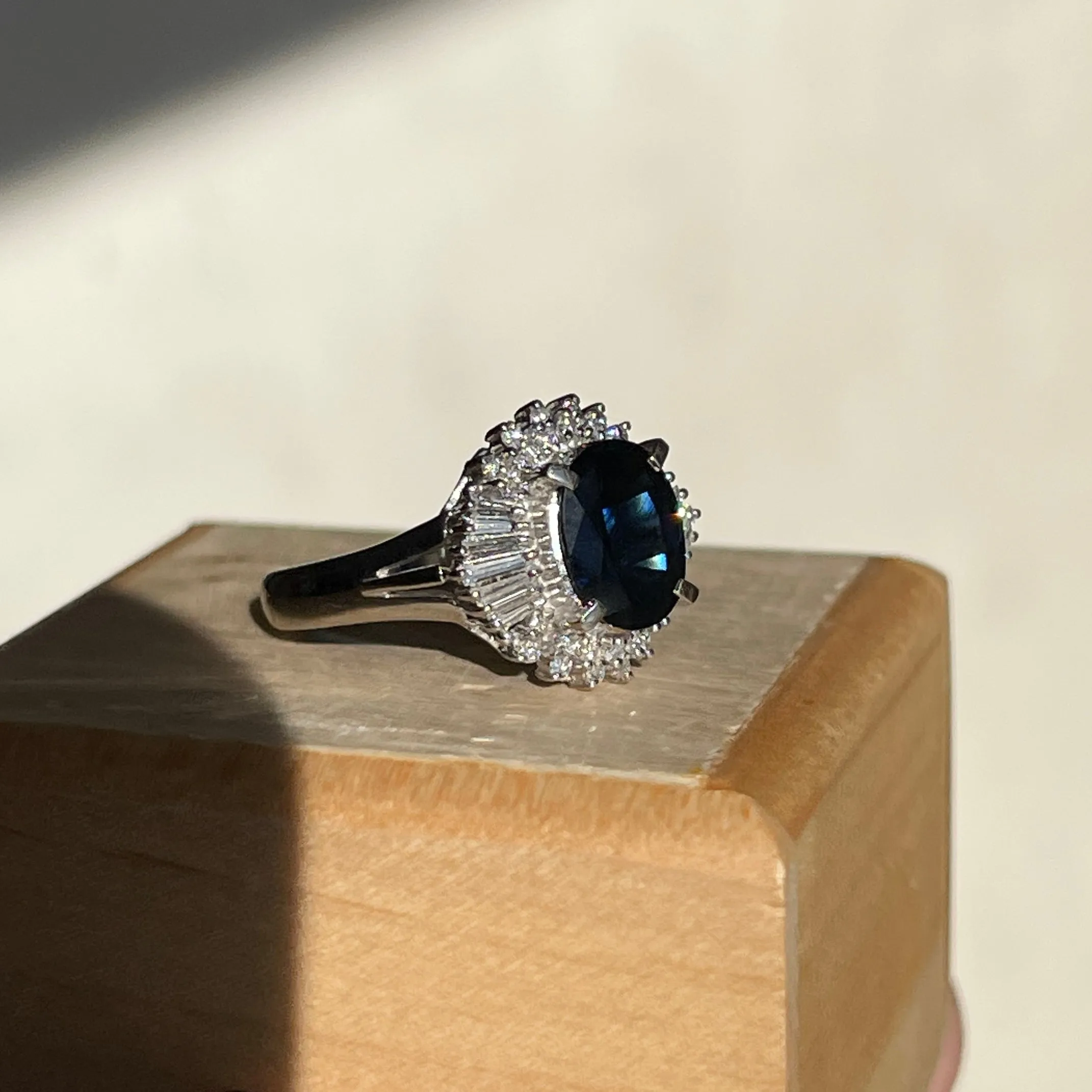 Estate Platinum Oval 2.15 CT Blue Sapphire   Baguette Diamond Halo Ring