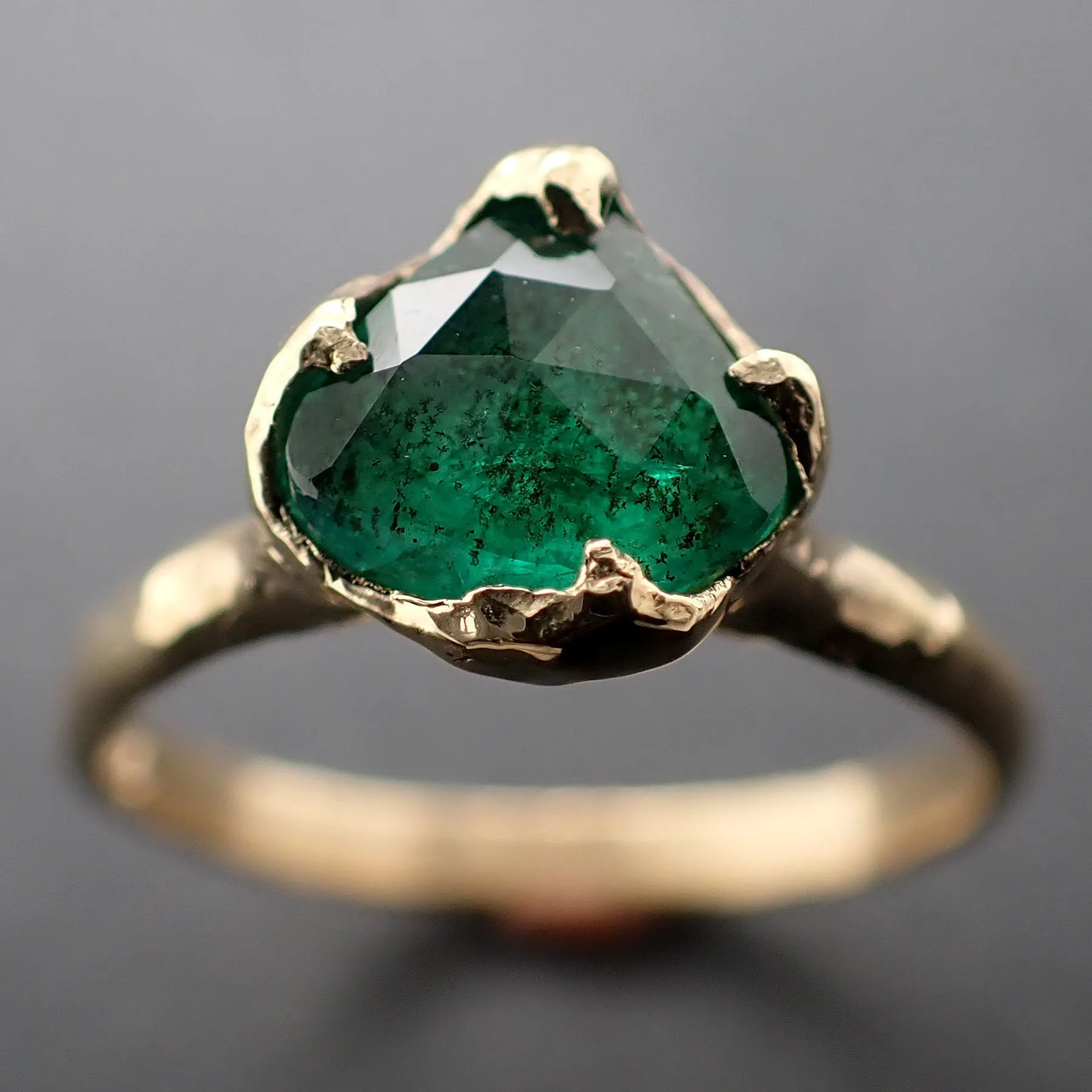 fancy cut emerald solitaire yellow 18k gold ring birthstone one of a kind gemstone ring recycled 3325 Alternative Engagement