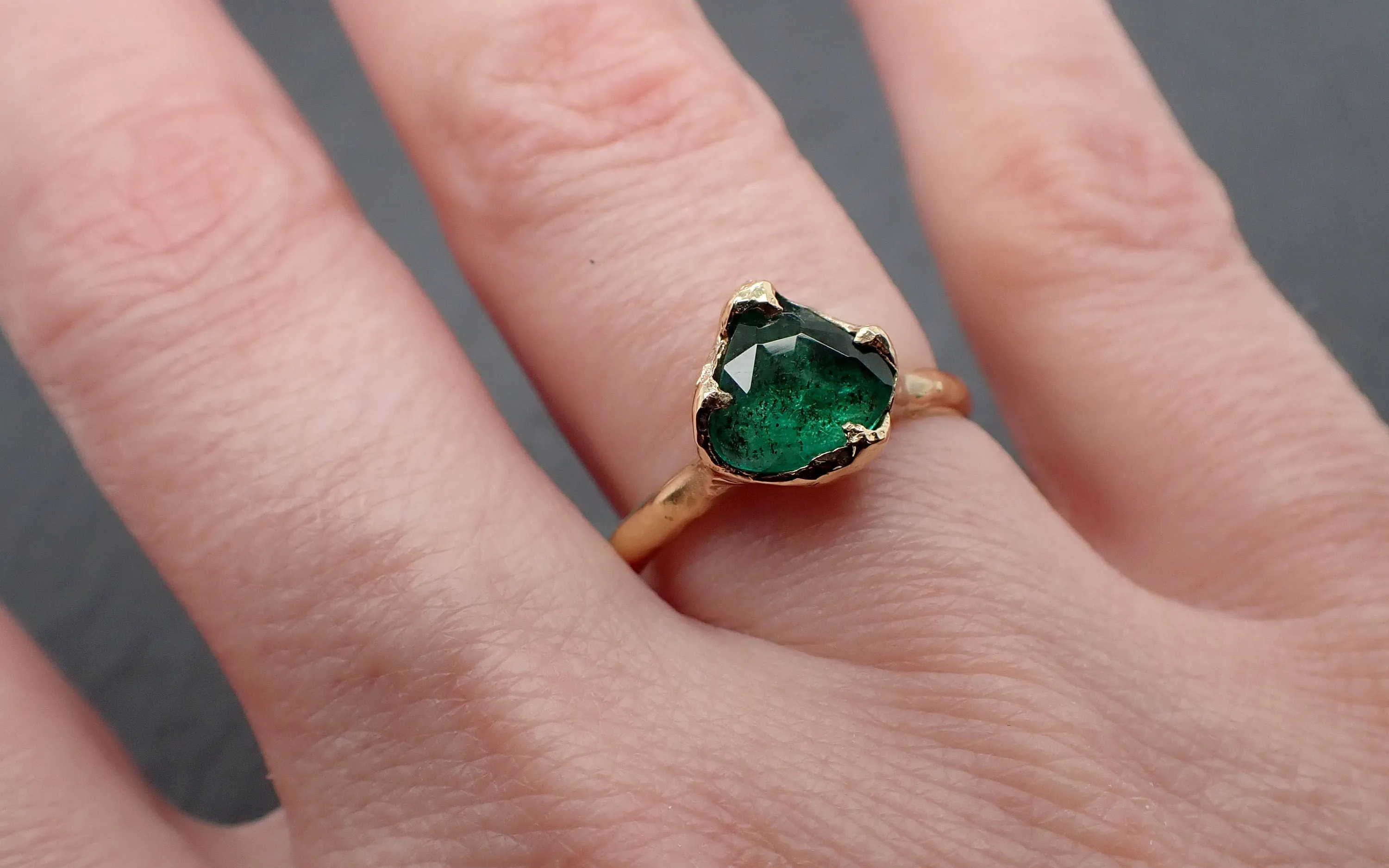 fancy cut emerald solitaire yellow 18k gold ring birthstone one of a kind gemstone ring recycled 3325 Alternative Engagement