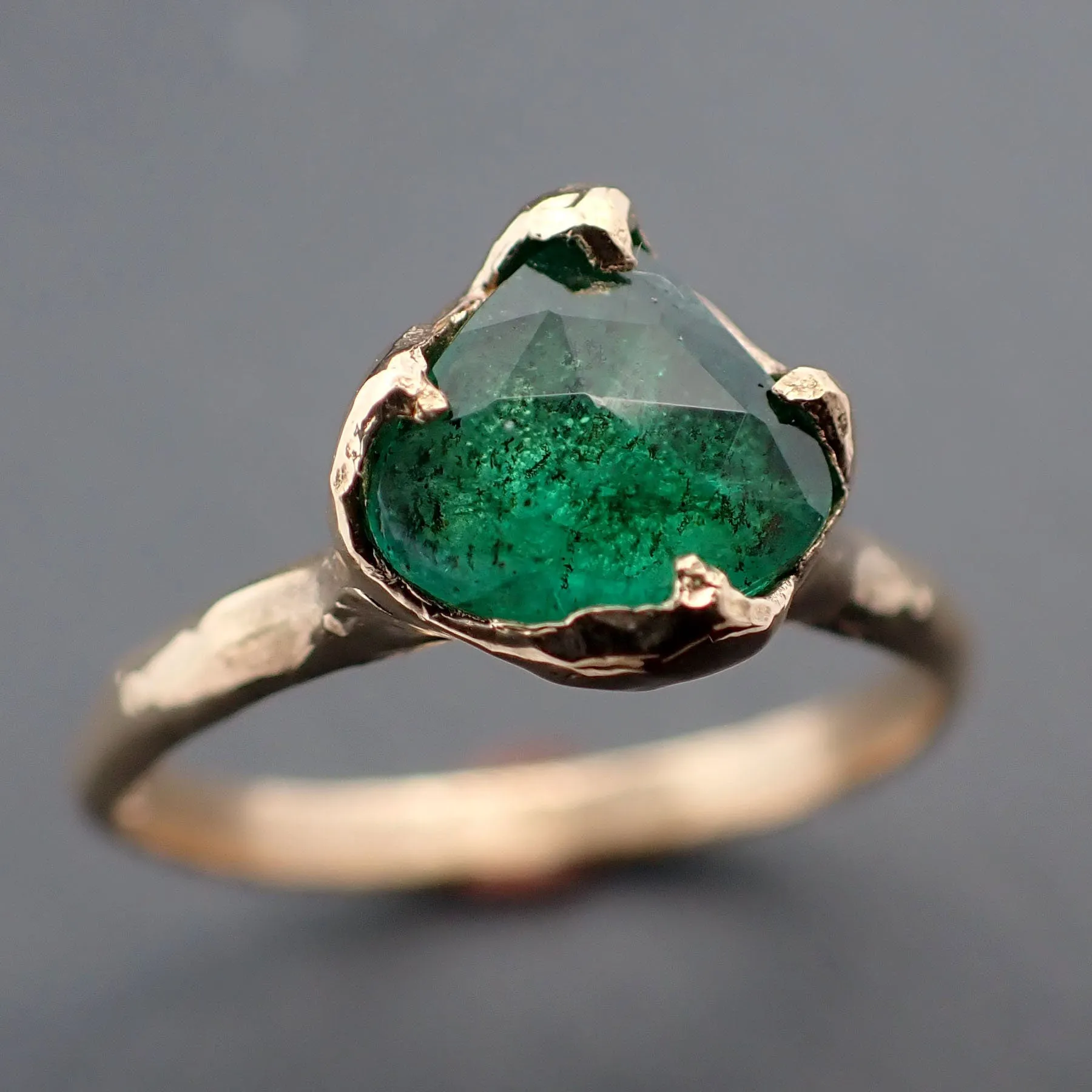 fancy cut emerald solitaire yellow 18k gold ring birthstone one of a kind gemstone ring recycled 3325 Alternative Engagement