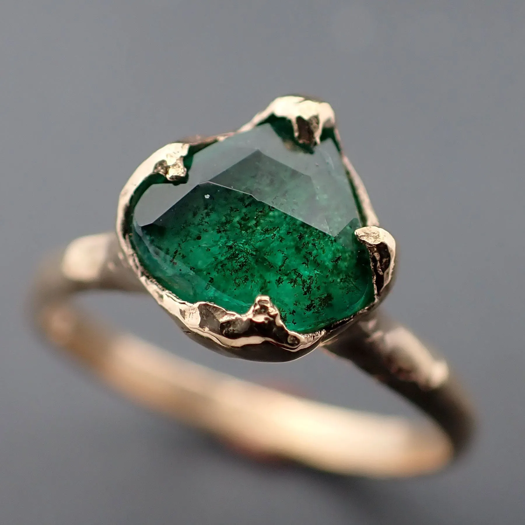 fancy cut emerald solitaire yellow 18k gold ring birthstone one of a kind gemstone ring recycled 3325 Alternative Engagement