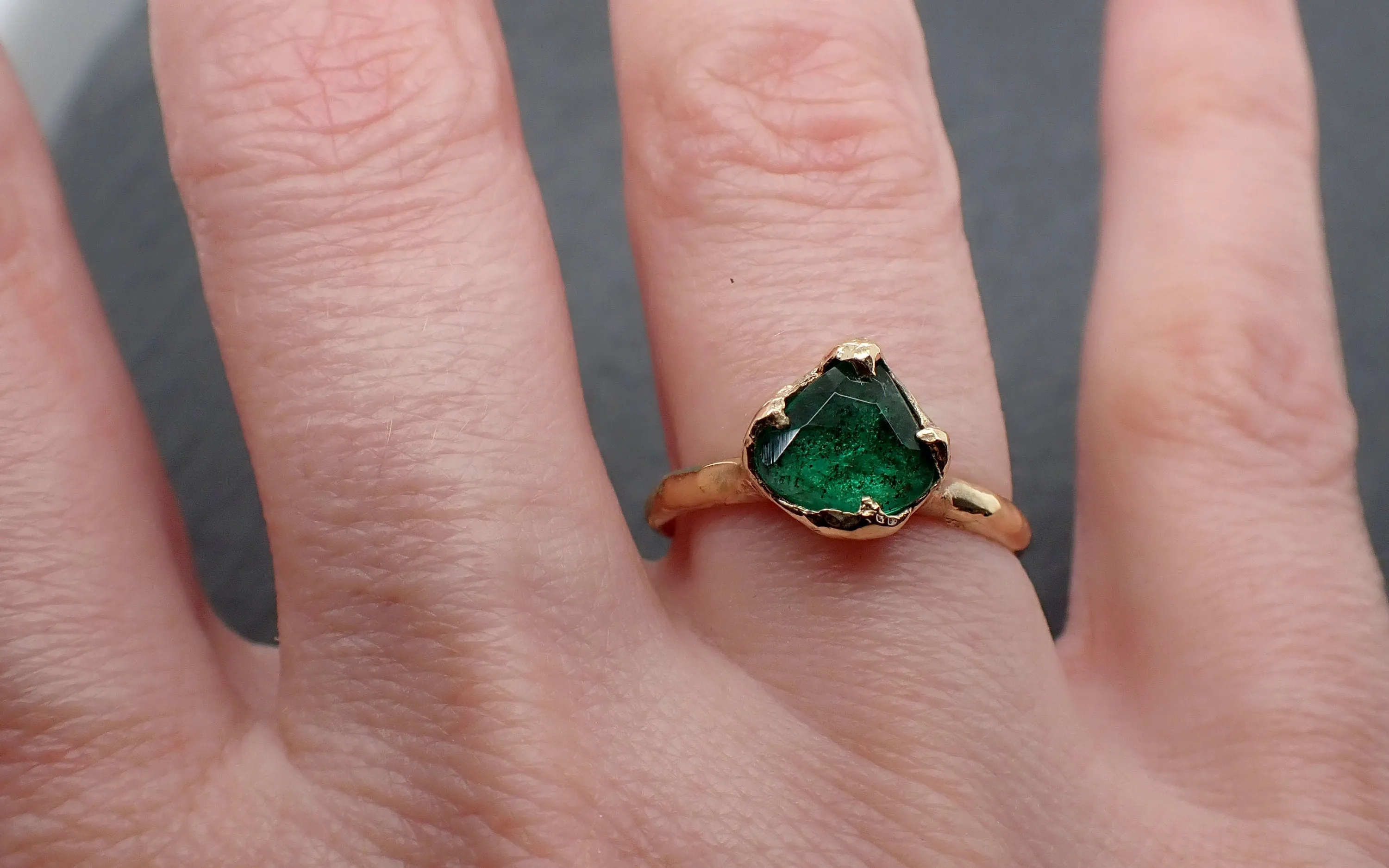 fancy cut emerald solitaire yellow 18k gold ring birthstone one of a kind gemstone ring recycled 3325 Alternative Engagement
