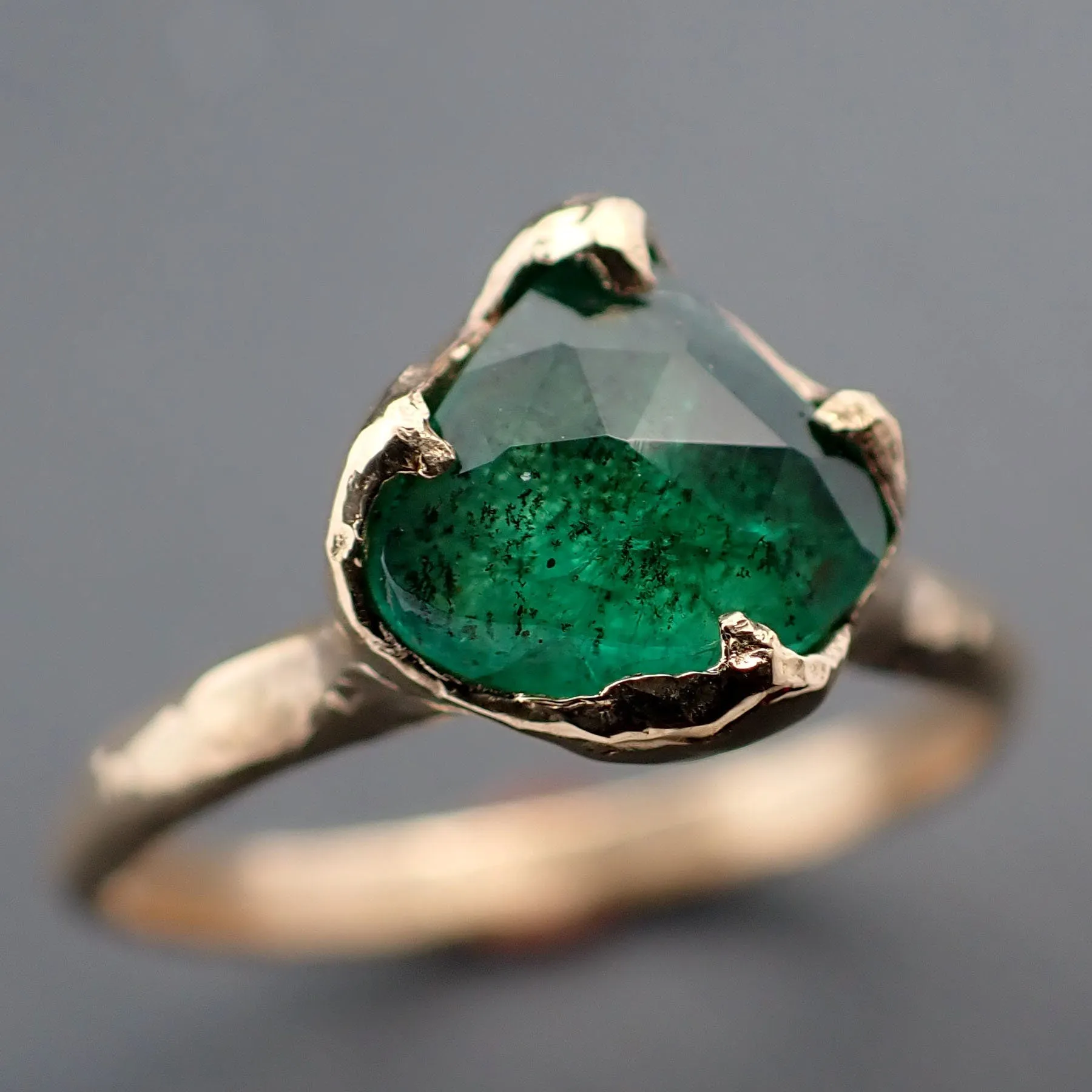 fancy cut emerald solitaire yellow 18k gold ring birthstone one of a kind gemstone ring recycled 3325 Alternative Engagement