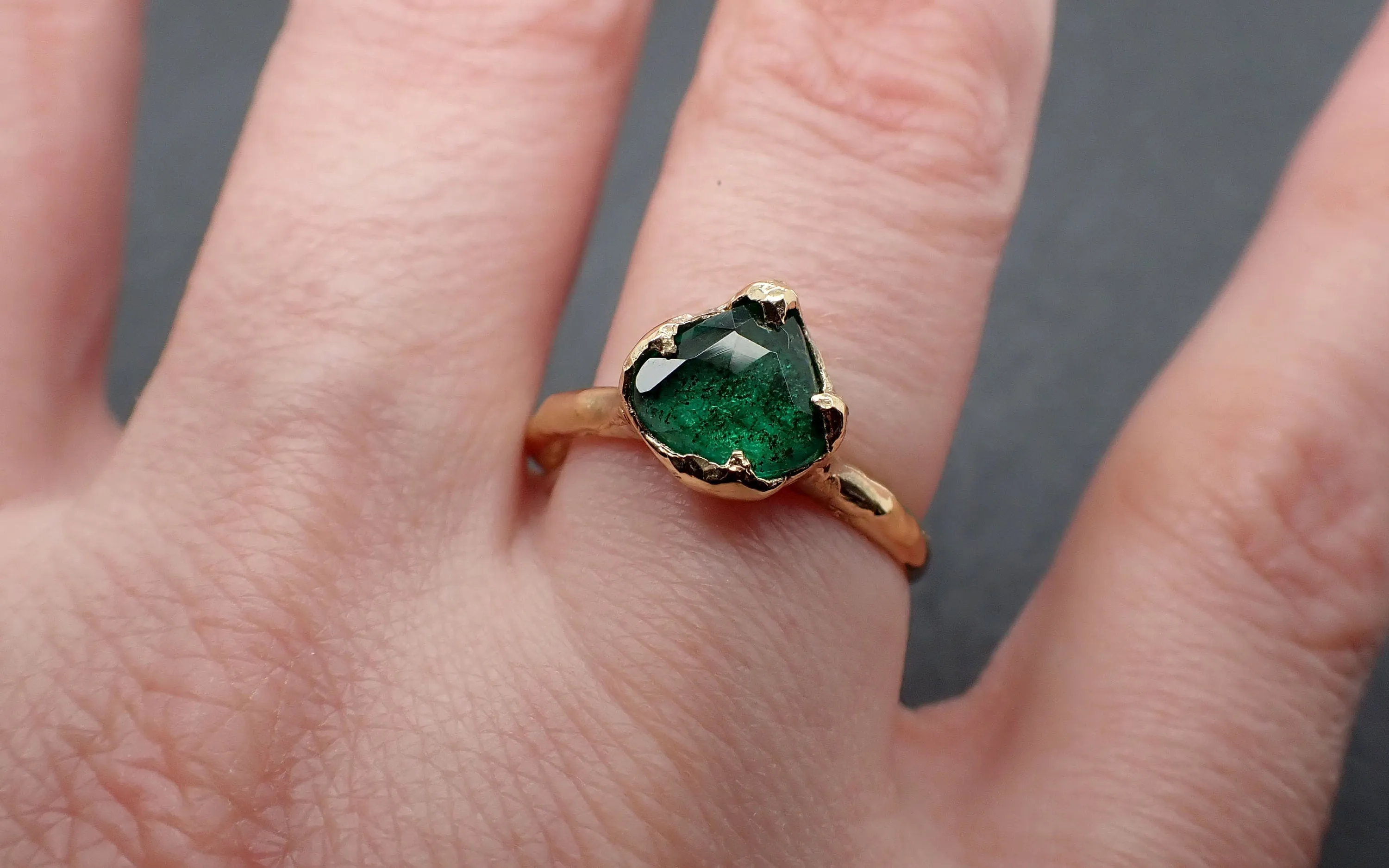 fancy cut emerald solitaire yellow 18k gold ring birthstone one of a kind gemstone ring recycled 3325 Alternative Engagement