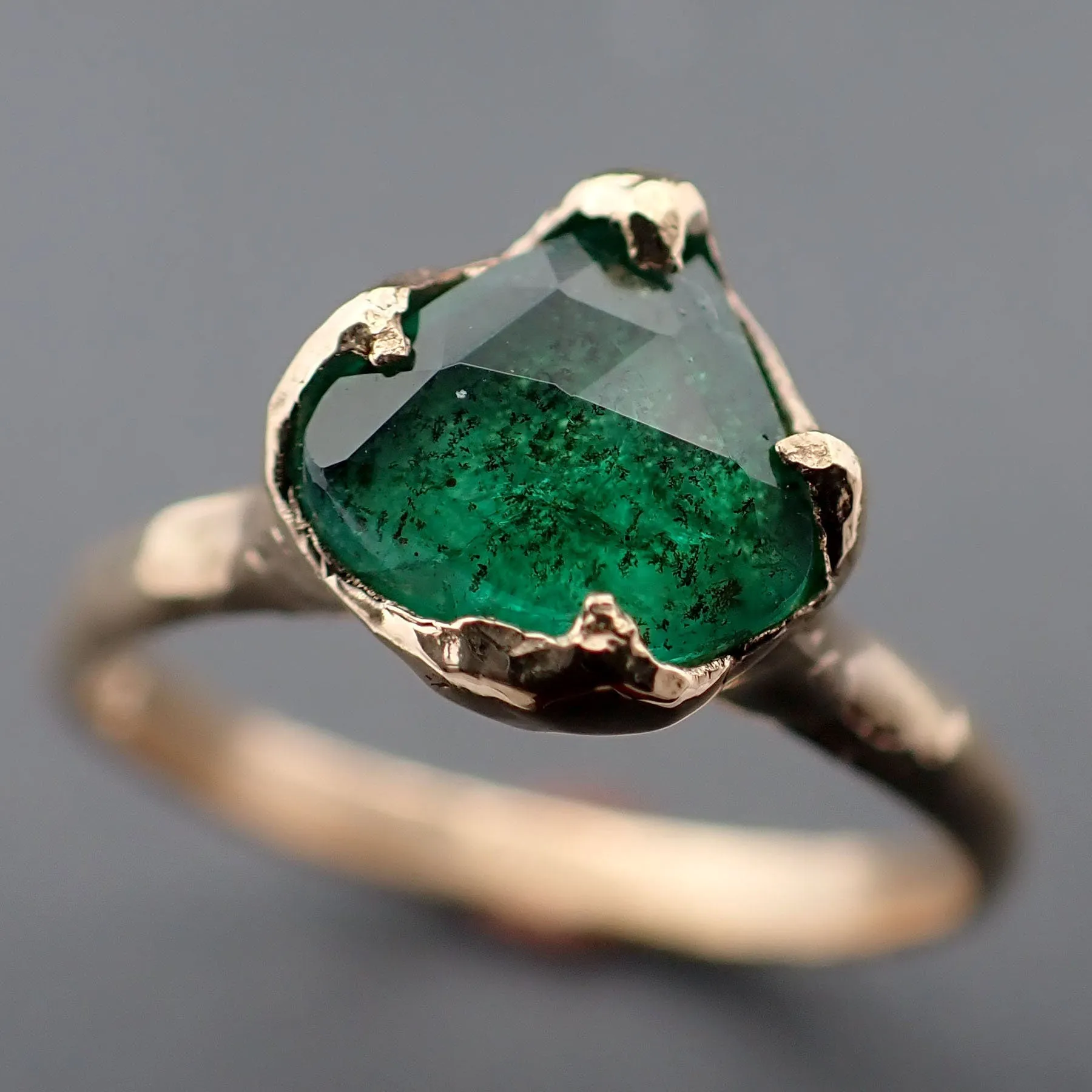 fancy cut emerald solitaire yellow 18k gold ring birthstone one of a kind gemstone ring recycled 3325 Alternative Engagement