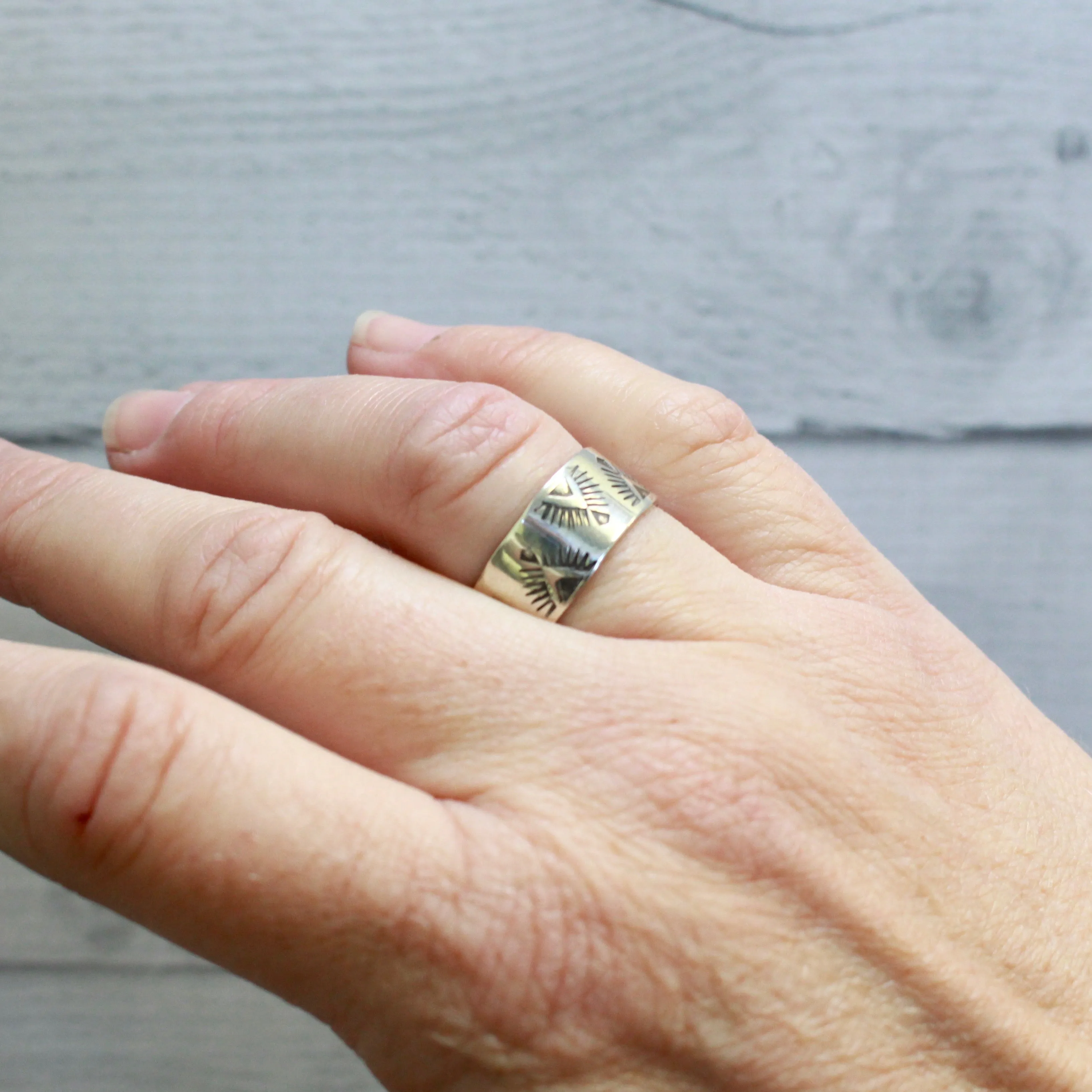 Feathered Triangle Hand Stamped Silver Ring