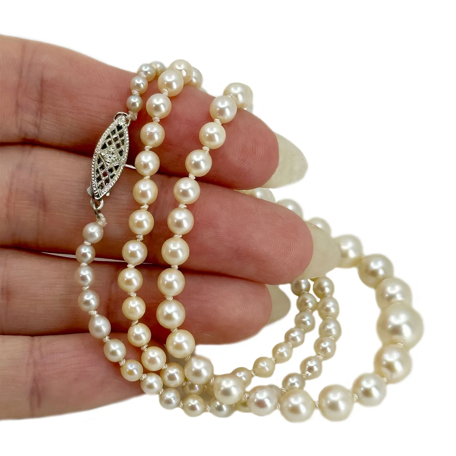 Filigree Art Deco Japanese Saltwater Cultured Akoya Pearl Graduated Vintage Necklace - Sterling Silver 20.50 Inch