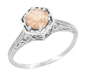 Filigree Engraved Art Deco Hexagon Morganite Ring in 14 Karat White Gold