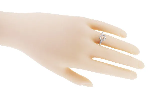 Filigree Engraved Art Deco Hexagon Morganite Ring in 14 Karat White Gold
