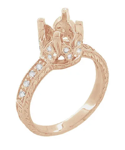 Filigree Engraved Butterflies Art Deco 1 Carat Diamond Engagement Ring Setting in 14 Karat Rose ( Pink ) Gold