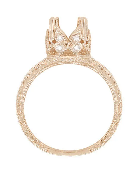Filigree Engraved Butterflies Art Deco 1 Carat Diamond Engagement Ring Setting in 14 Karat Rose ( Pink ) Gold