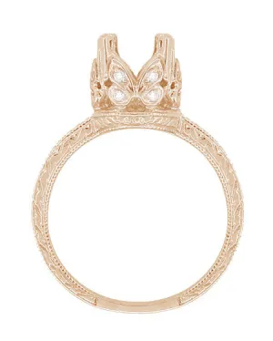 Filigree Engraved Butterflies Art Deco 1 Carat Diamond Engagement Ring Setting in 14 Karat Rose ( Pink ) Gold