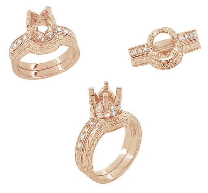 Filigree Engraved Butterflies Art Deco 1 Carat Diamond Engagement Ring Setting in 14 Karat Rose ( Pink ) Gold