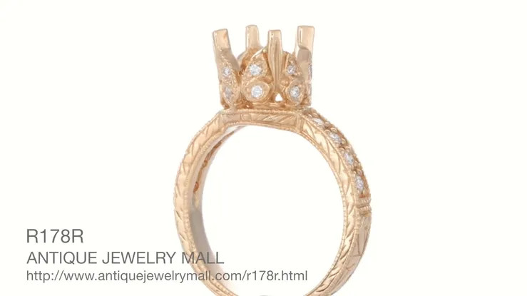 Filigree Engraved Butterflies Art Deco 1 Carat Diamond Engagement Ring Setting in 14 Karat Rose ( Pink ) Gold