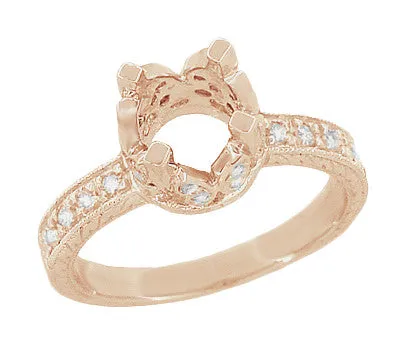 Filigree Engraved Butterflies Art Deco 1 Carat Diamond Engagement Ring Setting in 14 Karat Rose ( Pink ) Gold