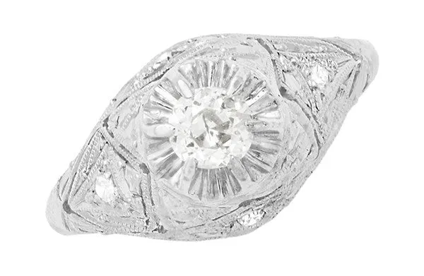 Filigree Ridgebury Vintage Art Deco Old Mine Cut Diamond Platinum Engagement Ring
