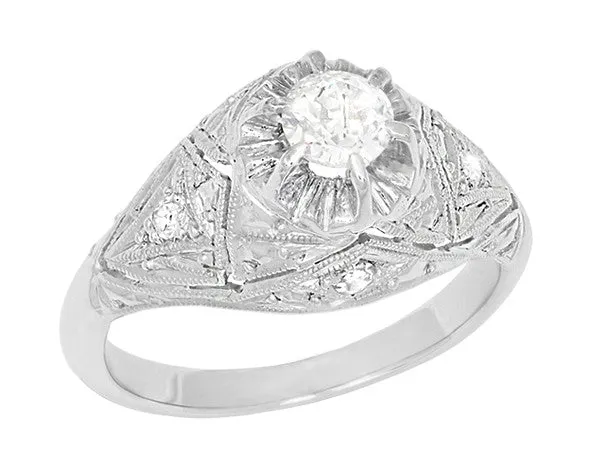 Filigree Ridgebury Vintage Art Deco Old Mine Cut Diamond Platinum Engagement Ring