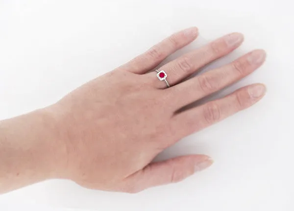 Filigree Scrolls Art Deco Engraved Ruby Engagement Ring in 14 Karat White Gold