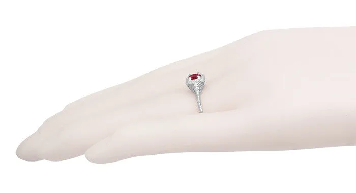 Filigree Scrolls Art Deco Engraved Ruby Engagement Ring in 14 Karat White Gold